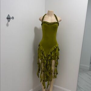 Green Halter Dress with Ruffle Details